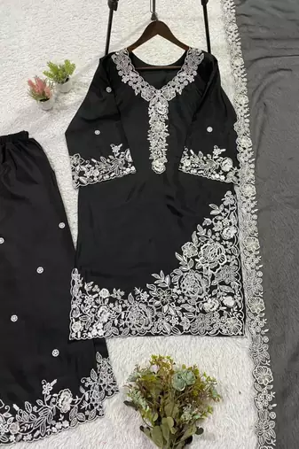 Black crepe embroidered palazzo set
