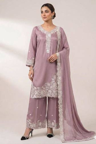 Lavender crepe embroidered palazzo set