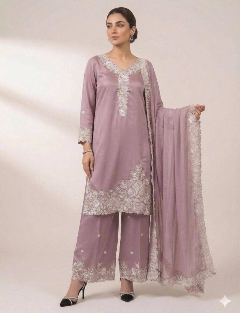 Lavender crepe embroidered palazzo set