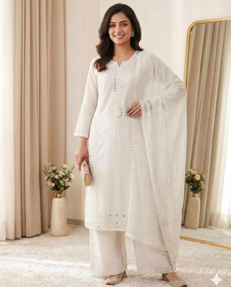 White chanderi embroidered palazzo set