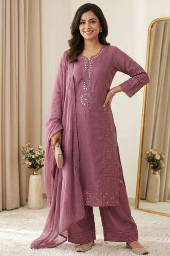Onion pink chanderi embroidered palazzo set