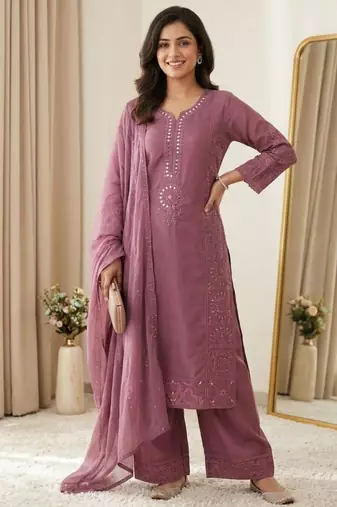Onion pink chanderi embroidered palazzo set