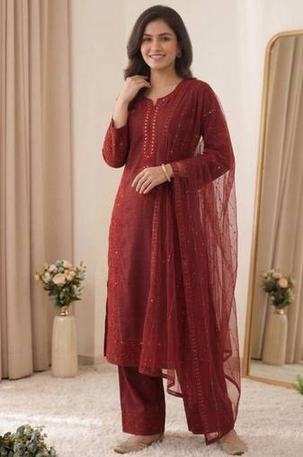 Red chanderi embroidered palazzo set