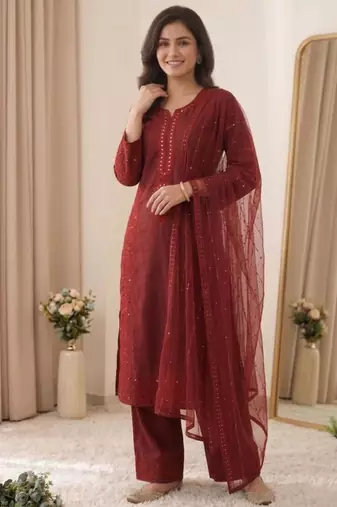 Red chanderi embroidered palazzo set