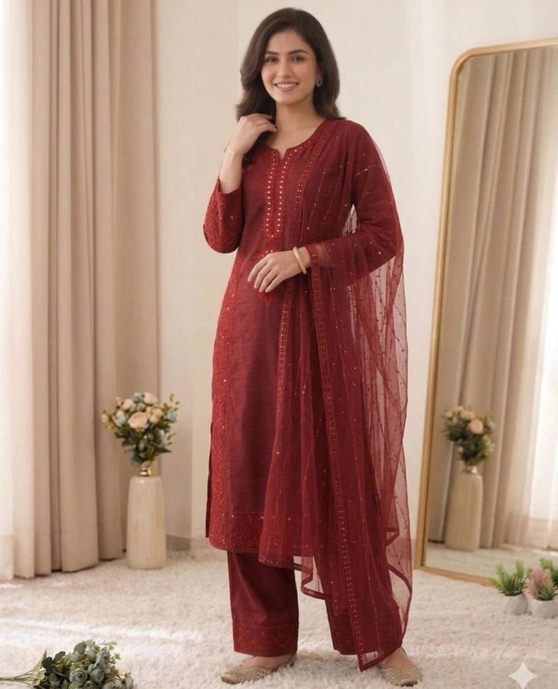 Red chanderi embroidered palazzo set