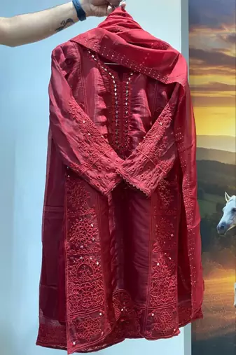 Red chanderi embroidered palazzo set