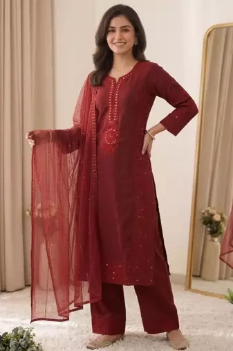 Red chanderi embroidered palazzo set