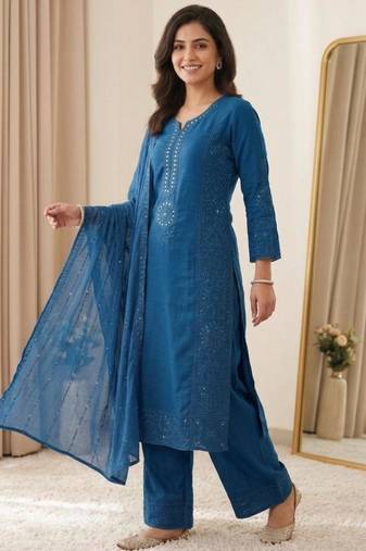 Teal blue chanderi embroidered palazzo set