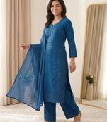 Teal blue chanderi embroidered palazzo set