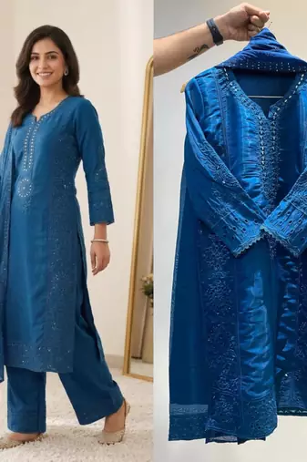 Teal blue chanderi embroidered palazzo set