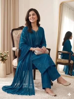 Teal blue chanderi embroidered palazzo set 3