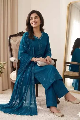 Teal blue chanderi embroidered palazzo set