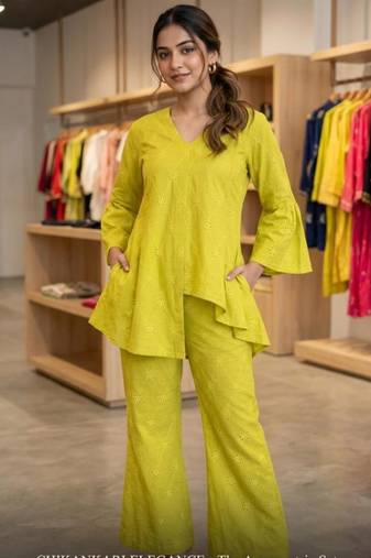 Green cotton embroidered kurta set