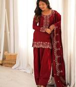 Red silk blend embroidered farshi salwar set