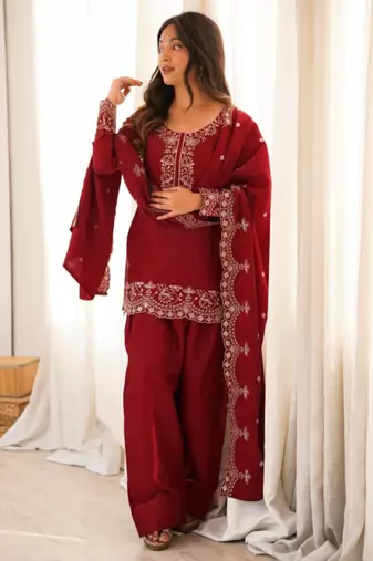 Red silk blend embroidered farshi salwar set