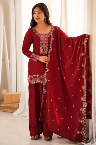 Red silk blend embroidered farshi salwar set