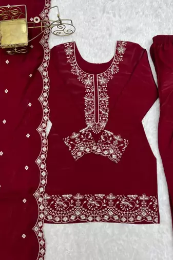 Red silk blend embroidered farshi salwar set