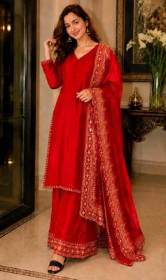 Red silk blend embroidered palazzo set 1