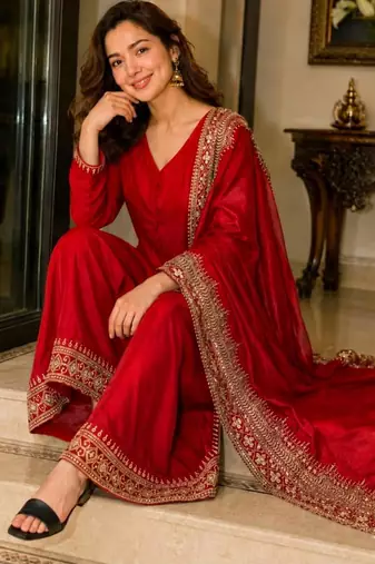 Red silk blend embroidered palazzo set