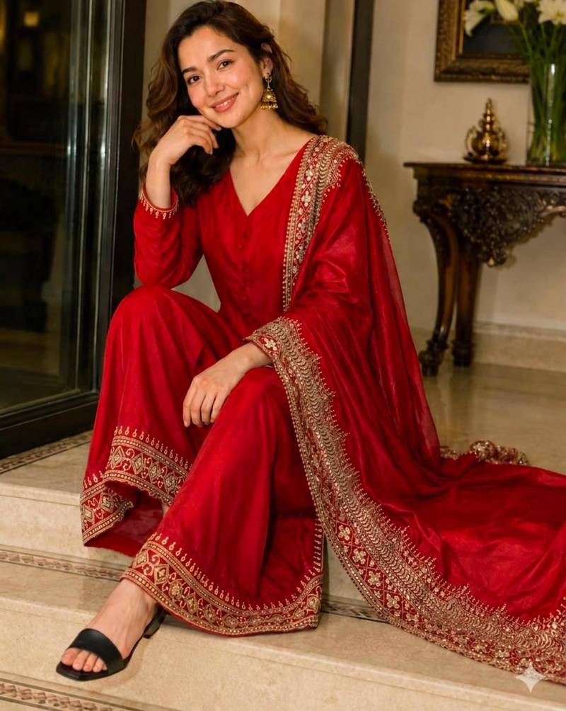 Red silk blend embroidered palazzo set