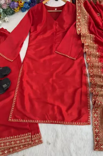 Red silk blend embroidered palazzo set