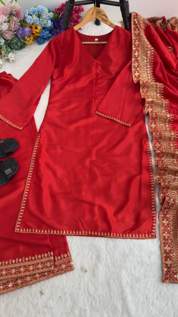 Red silk blend embroidered palazzo set