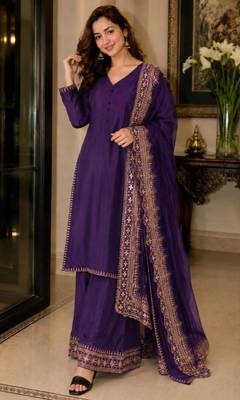 Purple silk blend embroidered palazzo set 1