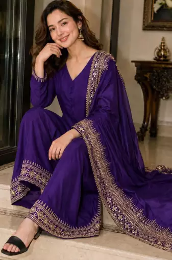 Purple silk blend embroidered palazzo set