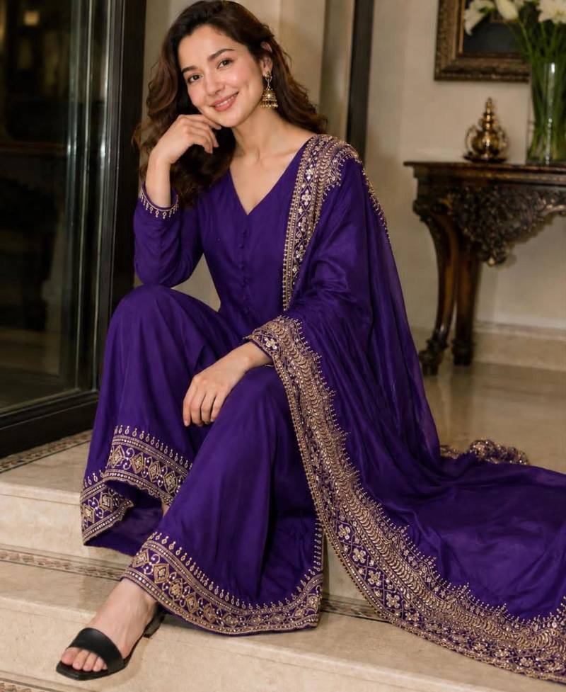 Purple silk blend embroidered palazzo set