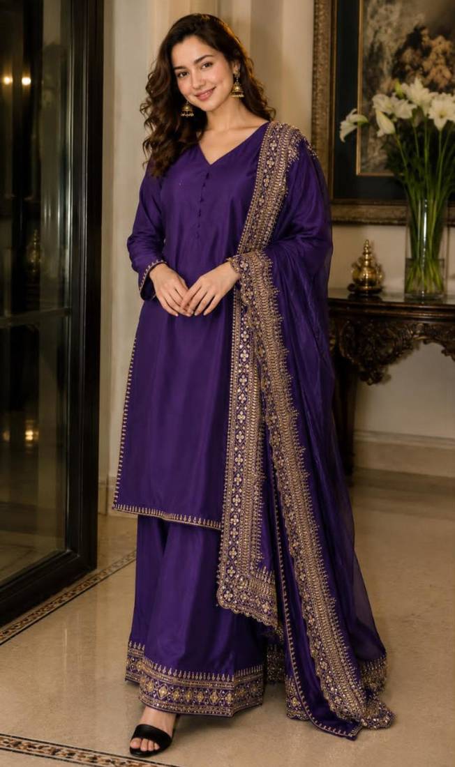 Purple silk blend embroidered palazzo set