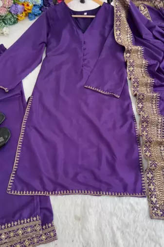 Purple silk blend embroidered palazzo set