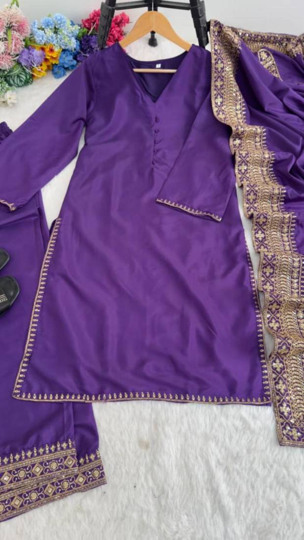 Purple silk blend embroidered palazzo set