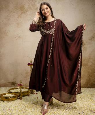 Coffee designer vichitra silk anarkali suit set 1