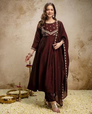 Coffee designer vichitra silk anarkali suit set 2
