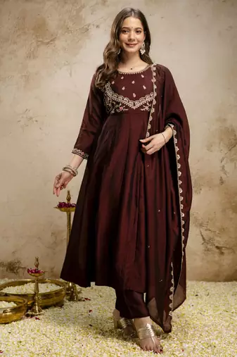Coffee designer vichitra silk anarkali suit set