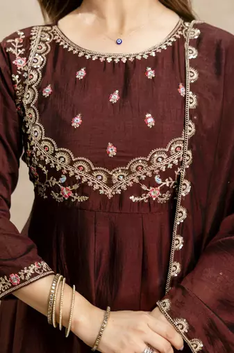 Coffee designer vichitra silk anarkali suit set