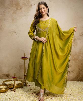 Parrot green designer vichitra silk anarkali suit set 1