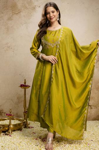 Parrot green designer vichitra silk anarkali suit set
