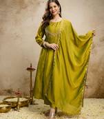 Parrot green designer vichitra silk anarkali suit set