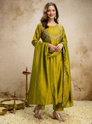 Parrot green designer vichitra silk anarkali suit set 2