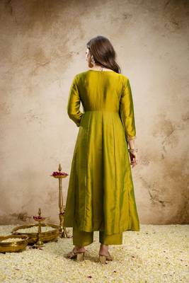 Parrot green designer vichitra silk anarkali suit set 3