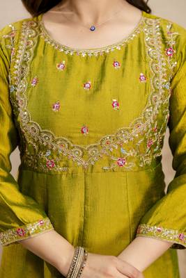 Parrot green designer vichitra silk anarkali suit set 4