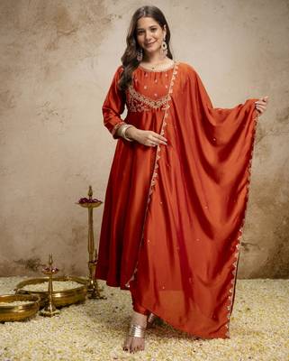 Orange designer vichitra silk anarkali suit set 1