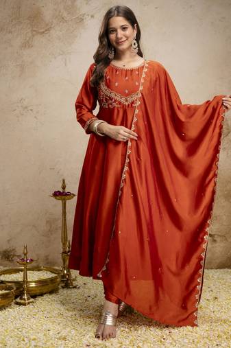 Orange designer vichitra silk anarkali suit set