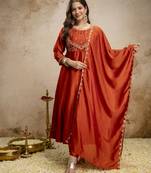 Orange designer vichitra silk anarkali suit set