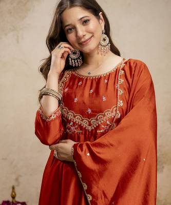 Orange designer vichitra silk anarkali suit set 2