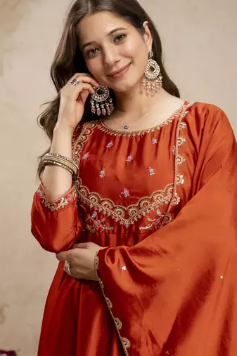 Orange designer vichitra silk anarkali suit set