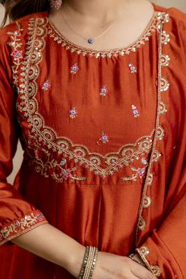 Orange designer vichitra silk anarkali suit set 3
