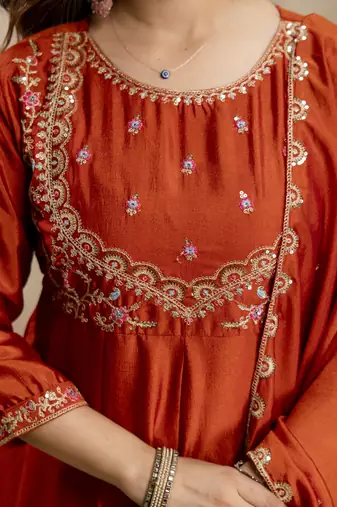 Orange designer vichitra silk anarkali suit set