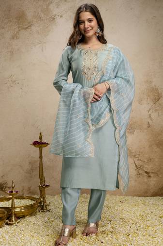 Sea green roman silk embroidered kurti pant set with leriya dupatta
